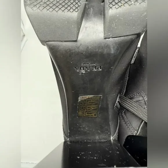 Prada Black Leather/ Re-Nylon Metal Triangle Logo 110mm Ankle Boots EU 38.5 - Picture 13 of 15